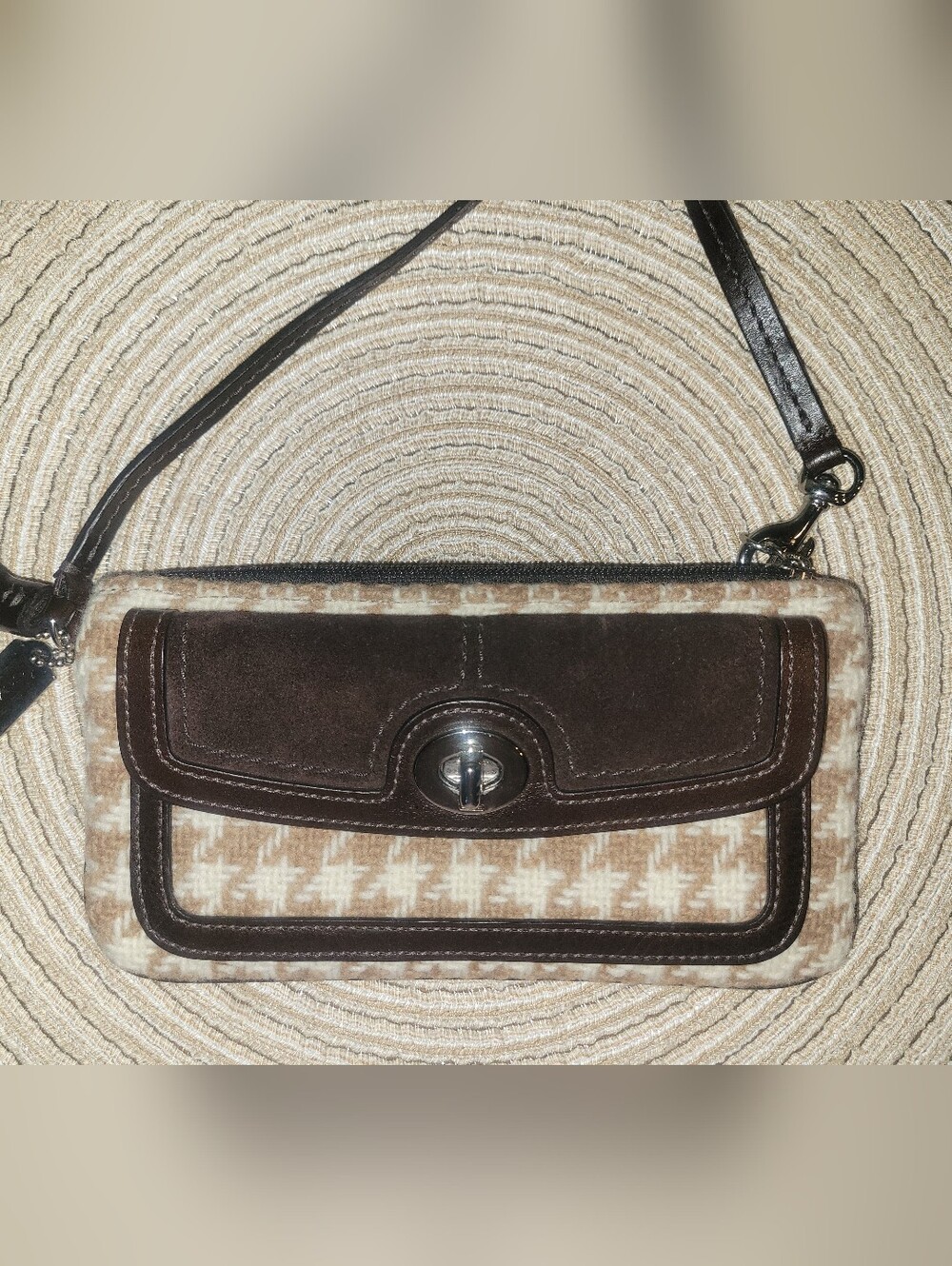 Coach Hamptons Brown Suede & Houndstooth Wristlet with Turn-Lock Closure